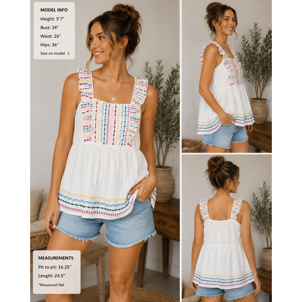 Savanna Jane Embroidered Boho Ruffle Strap Babydoll Tank Top Womens L Cotton